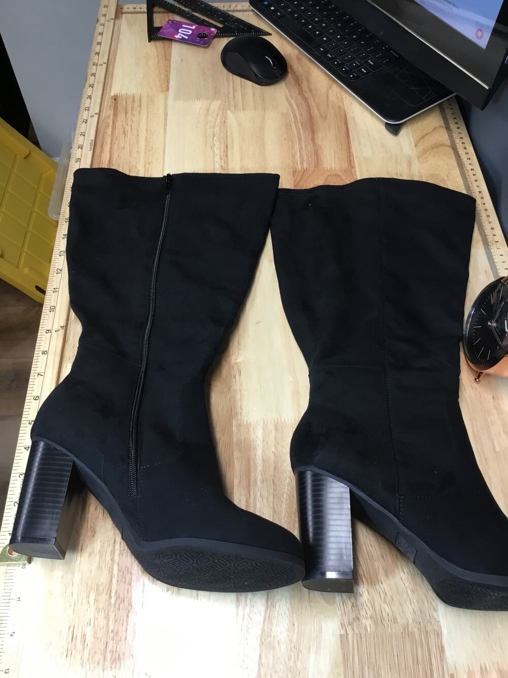 Style & Co Women's 8.5 Black Suede Block Heel Side Zipper Knee High Riding Boots
